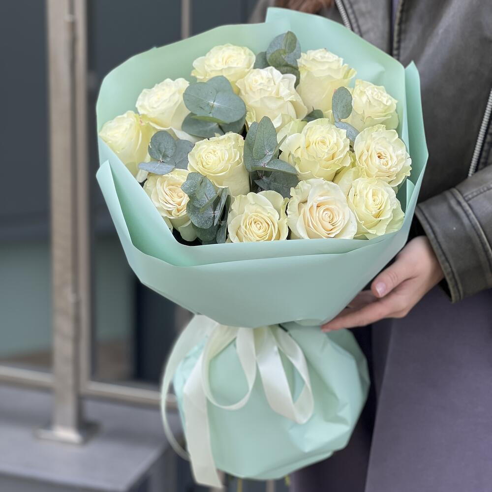 Snow White bouquet of 13 white roses and eucalyptus