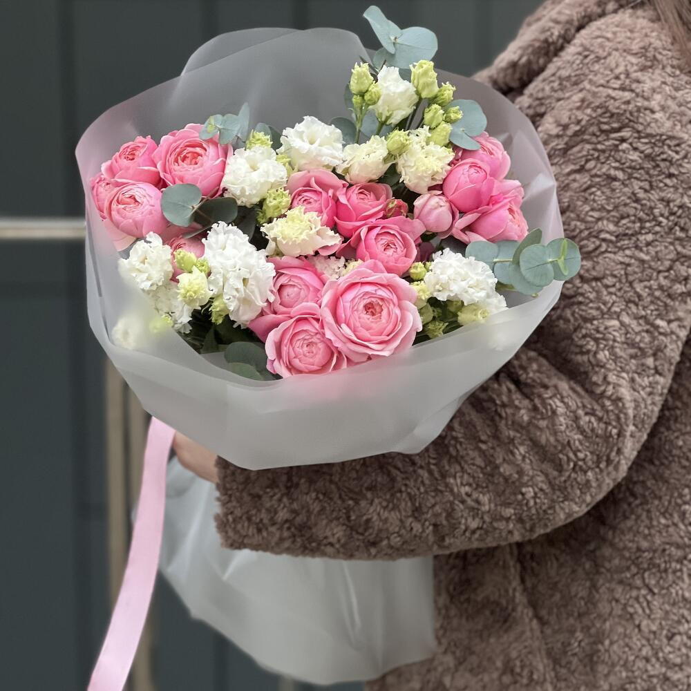 Bouquet of peony bush rose and eustoma Chantal