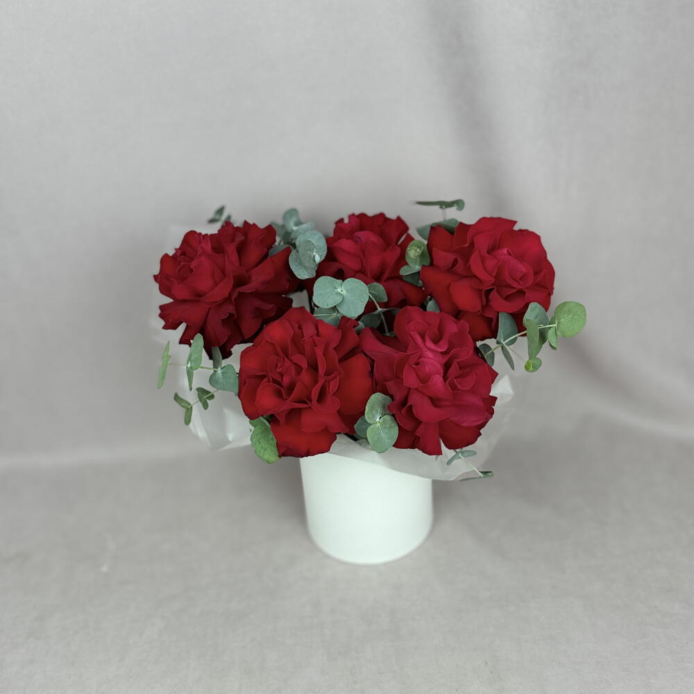 5 французских красных роз в шляпной коробке🌹