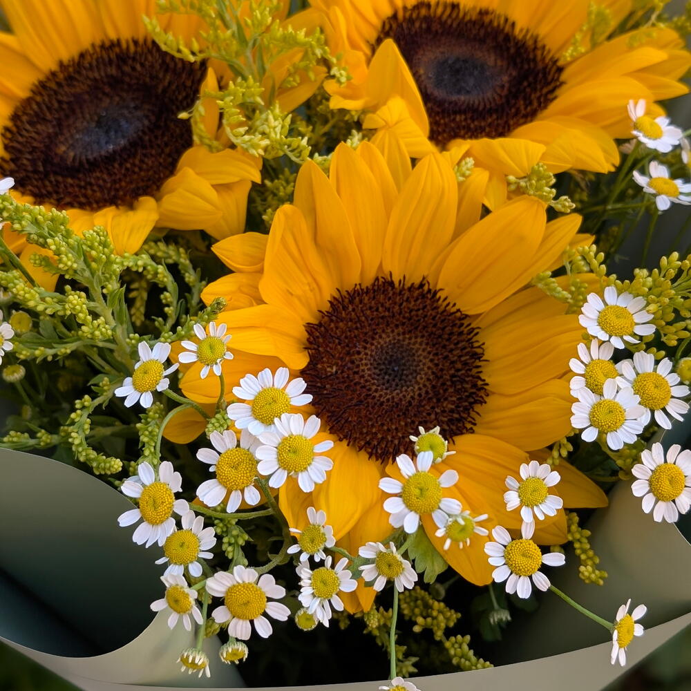 🌻 Букет подсолнухов и ромашек — яркий подарок с солнечным настроением