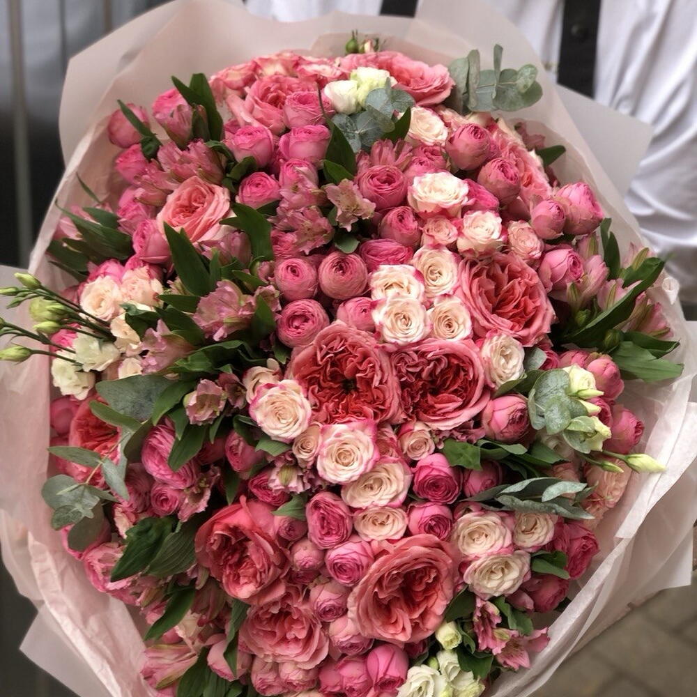 Букет Впечатление Гранд 🔥 из пионовидных одноголовых и кустовых роз, альстромерии , эвкалипта