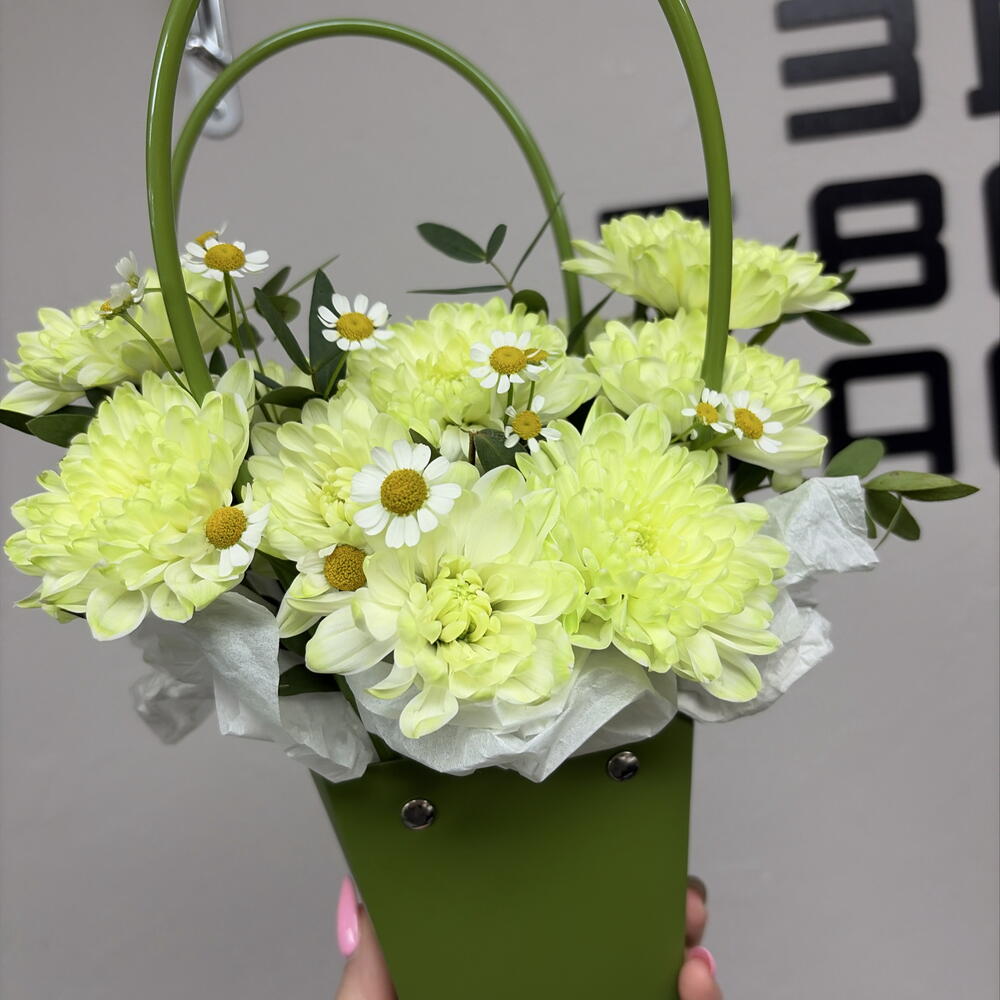 Сумочка лайм из хризантемы и ромашки