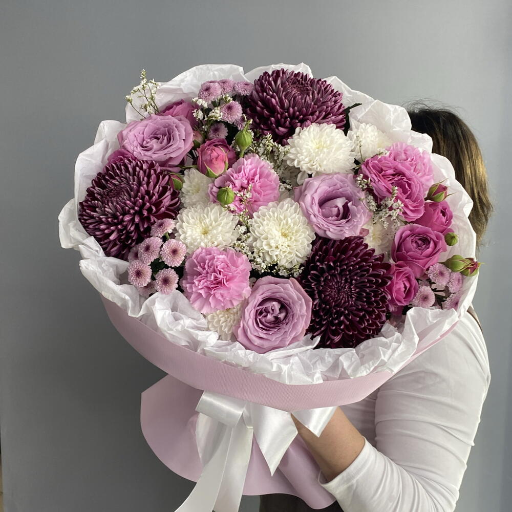 Букет королевский 👑👑👑 хризантема Бигуди 💜 ароматная Роза маритим 🌸 кустовая пионовидная Роза 🩷🩷🩷
