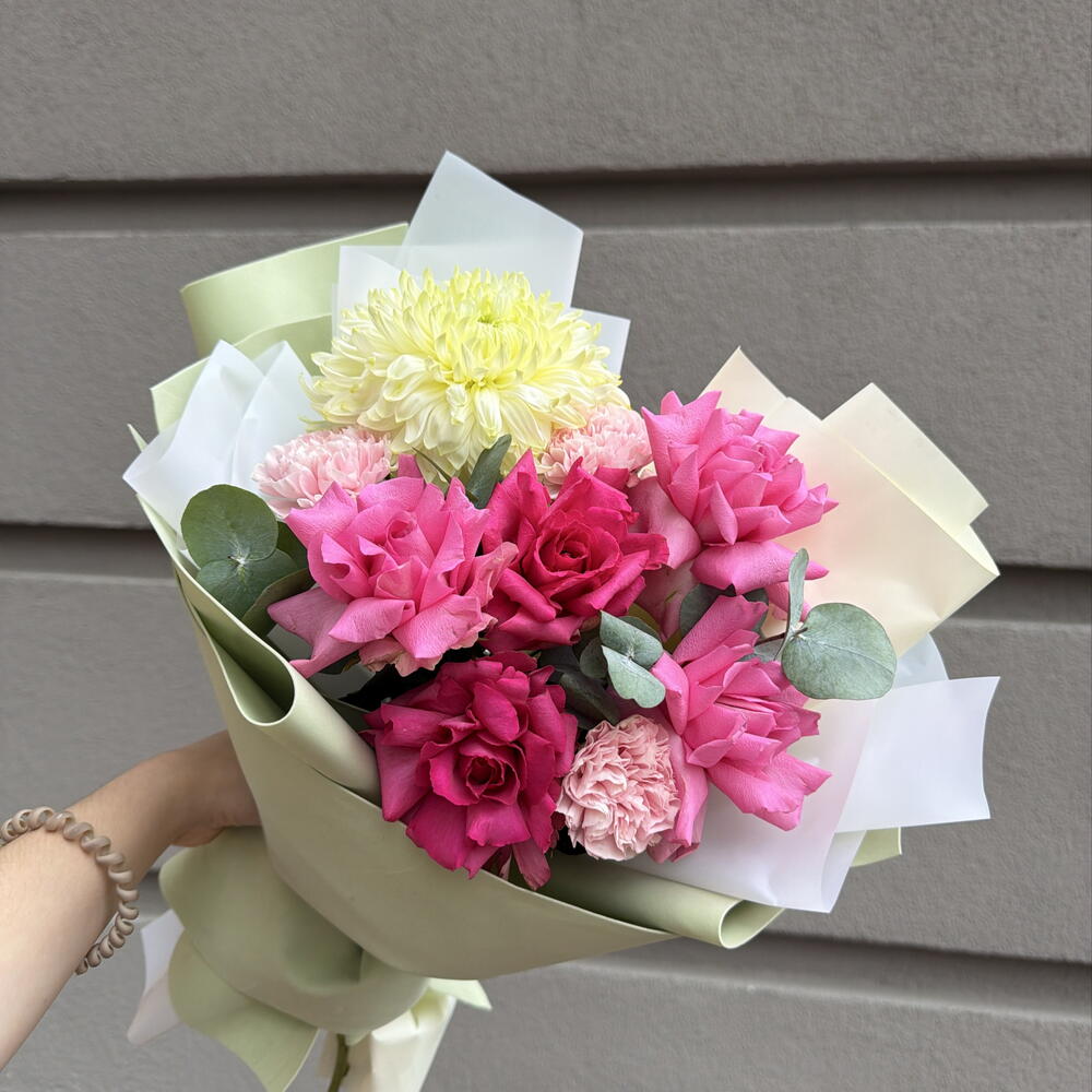 Букет «Летний коктейль» 🍹🌸 французская Роза, диантус и стойкая пышная хризантема 🌿
