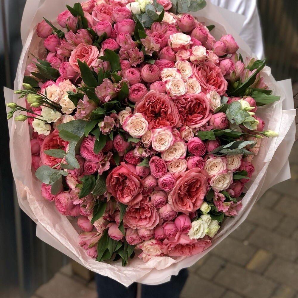 Букет Впечатление Гранд 🔥 из пионовидных одноголовых и кустовых роз, альстромерии , эвкалипта