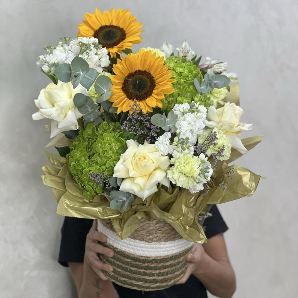Корзина подсолнух, гортензия