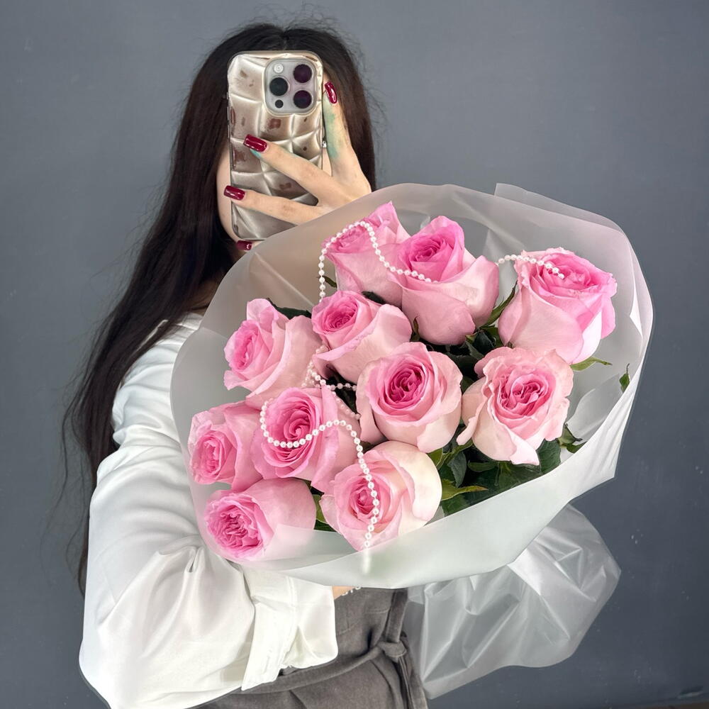 Монобукет💕 с пионовидной розой Мандала 11 штук с бусами