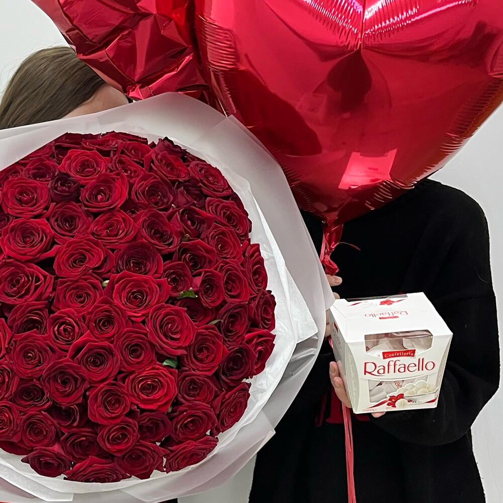Акция ❗️❗️ Комбо XL 101 Роза 🌹 +  3 Шаров Сердце ♥️ + Raffaello 🍬