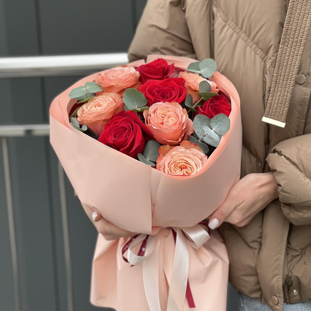 Breath of Flame bouquet of 9 red roses and kahala and eucalyptus roses