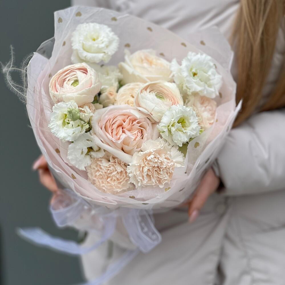 Elemis bouquet of ranunculus, Ohara and Sophie roses, eustoma, carnations and stiffs