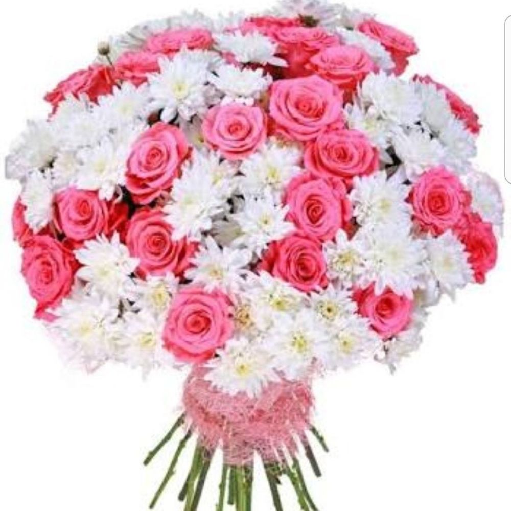 букет из розовых роз и хризантем фото