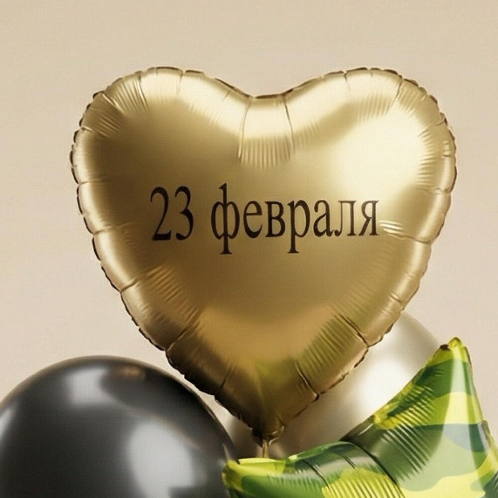Воздушные шары на 23 февраля, золотые, черные шары, сердце с надписью, звезды камуфляж