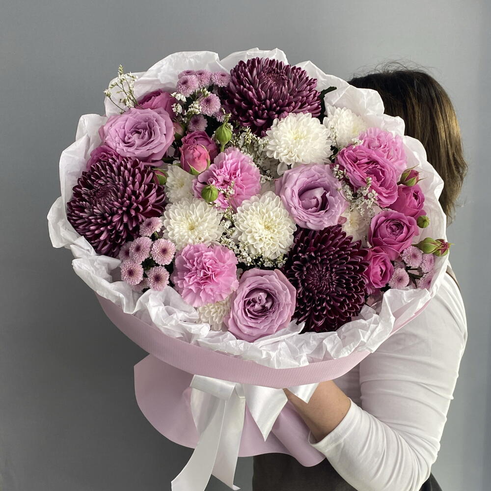 Букет королевский 👑👑👑 хризантема Бигуди 💜 ароматная Роза маритим 🌸 кустовая пионовидная Роза 🩷🩷🩷