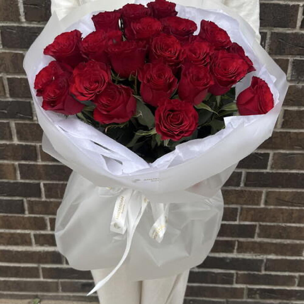 21 burgundy roses in packaging