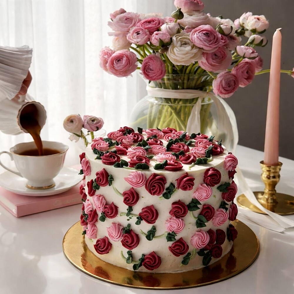 Bento Cake with cream roses in delicate pink shades