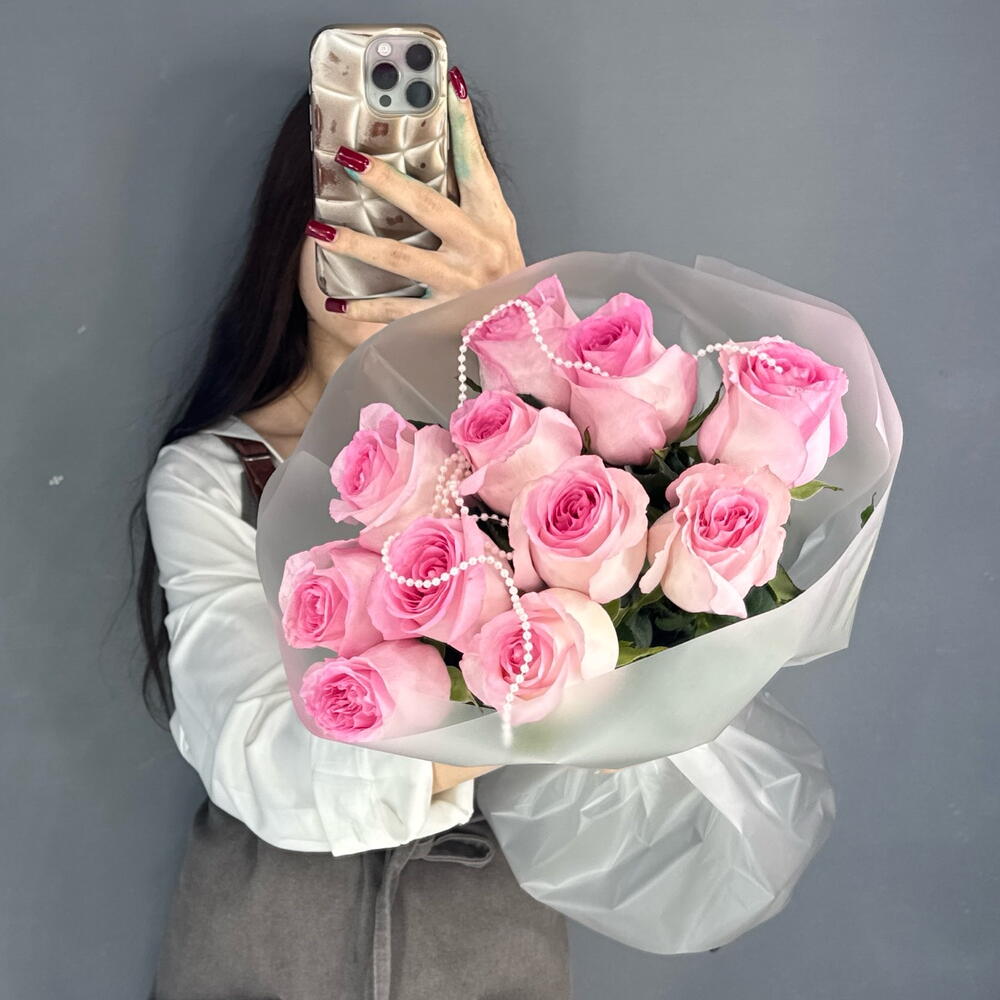 Монобукет💕 с пионовидной розой Мандала 11 штук с бусами