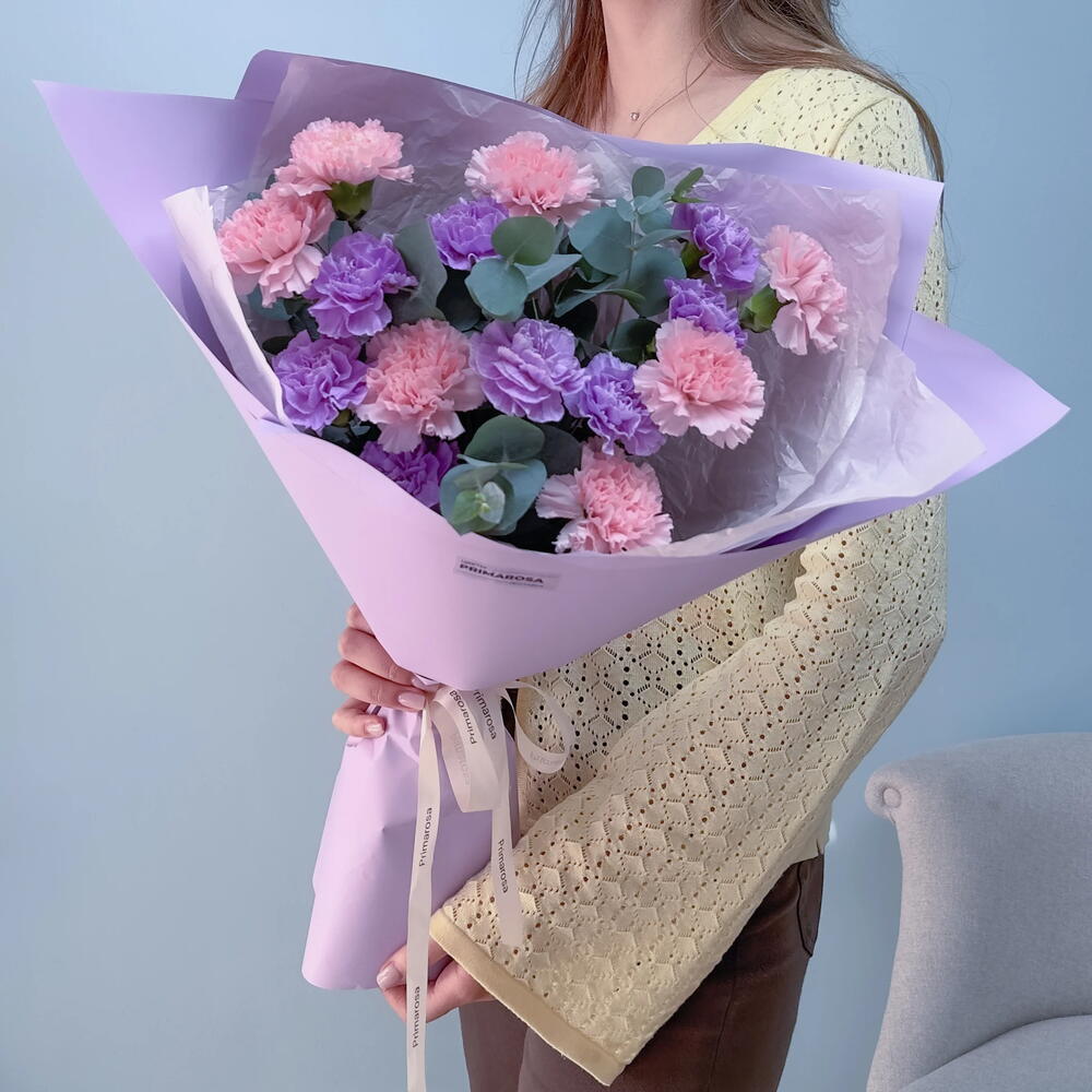 Букет из 15 диантусов микс с эвкалиптом «Сиреневый вечер» 💜🌸 39917