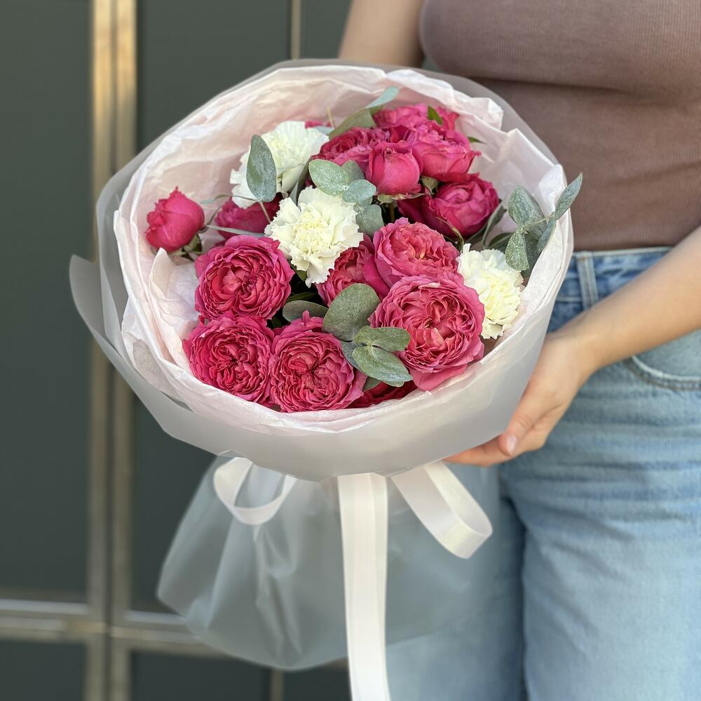 Bouquet of Lilac from bush peony roses and dianthus