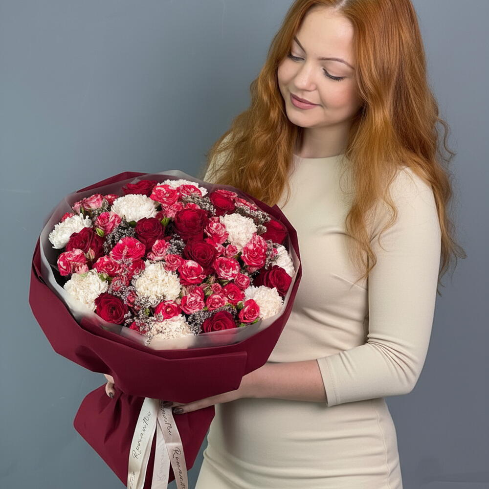 Яркий букет из кустовых роз и диантусов