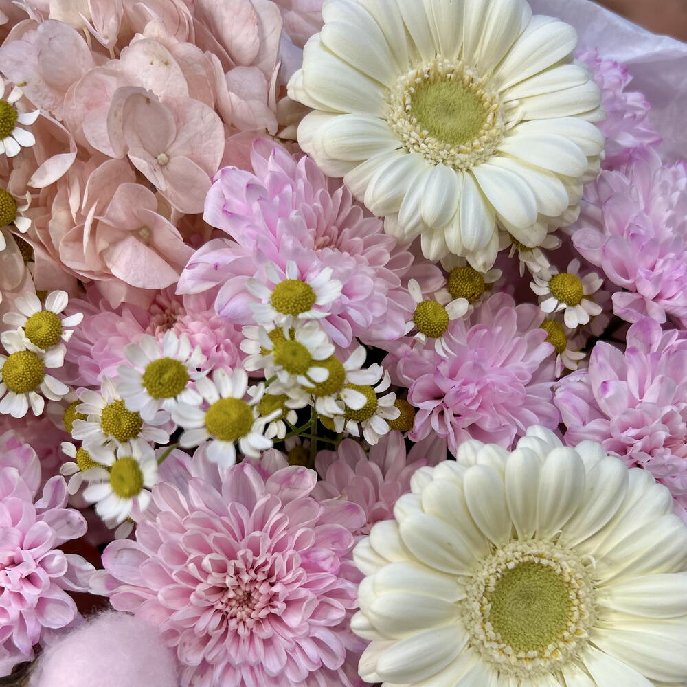Букет «Вторая весна💕» с гортензией, герберой, ромашкой, хризантемой , хлопком