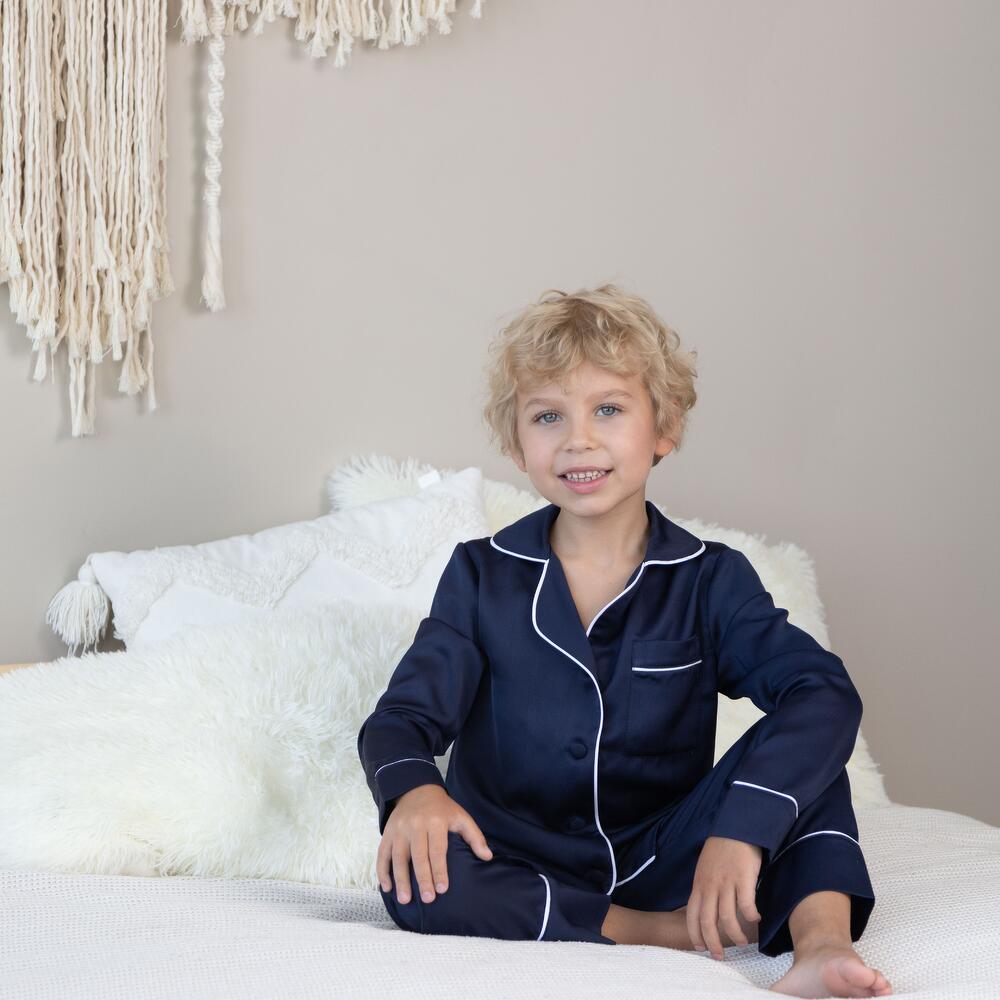 Pijama de seda para niños con pantalones y camisa con botones"Azul"