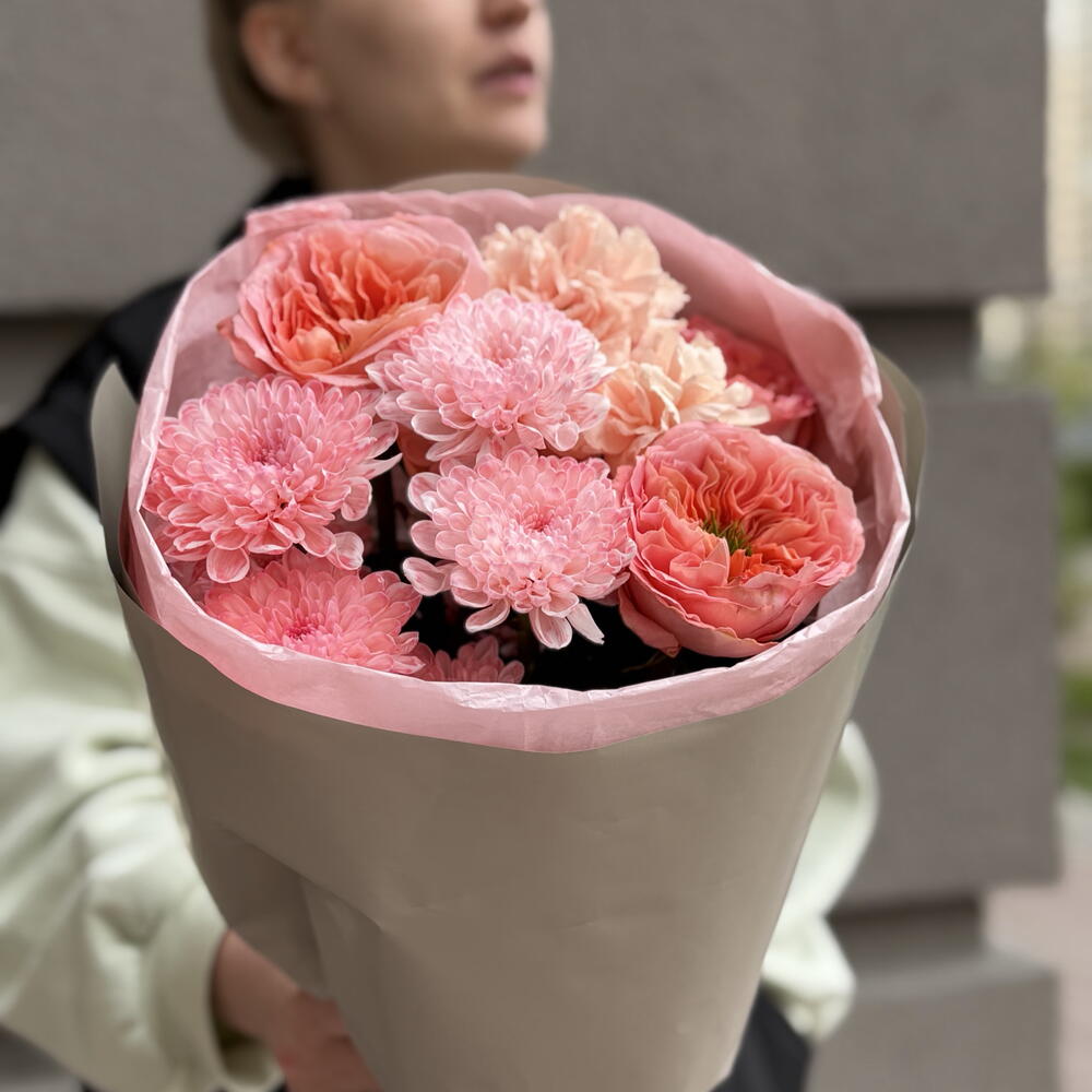 Букет «Лайла» с розой мандарин 🎀 Диантусами🌸 хризантемой сорта «Алтай»🌿♥️