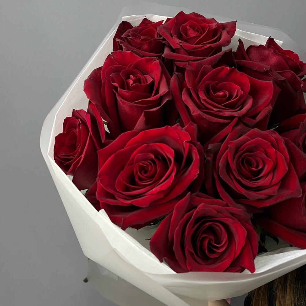 Красные розы 🌹 в упаковке с лентой ( 11 красных роз )