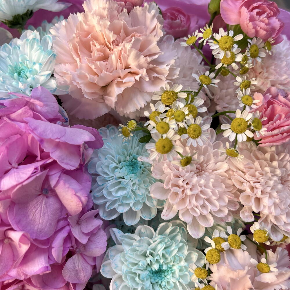 Дофаминовый букет «Бабл-гам»🍭🩵💕 с гортензией, хризантемой кустовой, диантусами, ромашкой, кустовыми диантусами