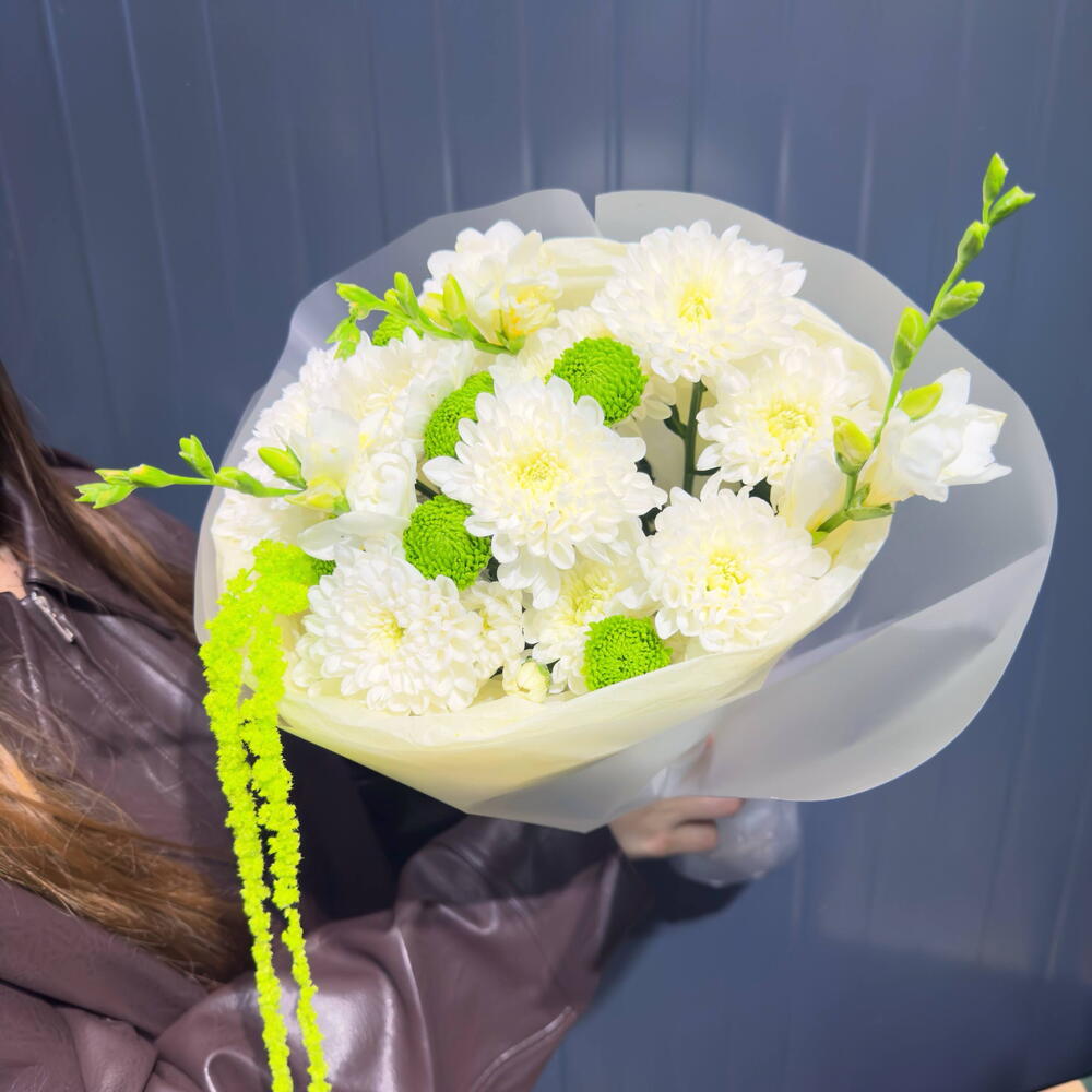 Фрезия 💚 С АРОМАТОМ МОХИТО 💚 хризантемы 🕊️ стабилизированный амарант White Mint зеленый букет
