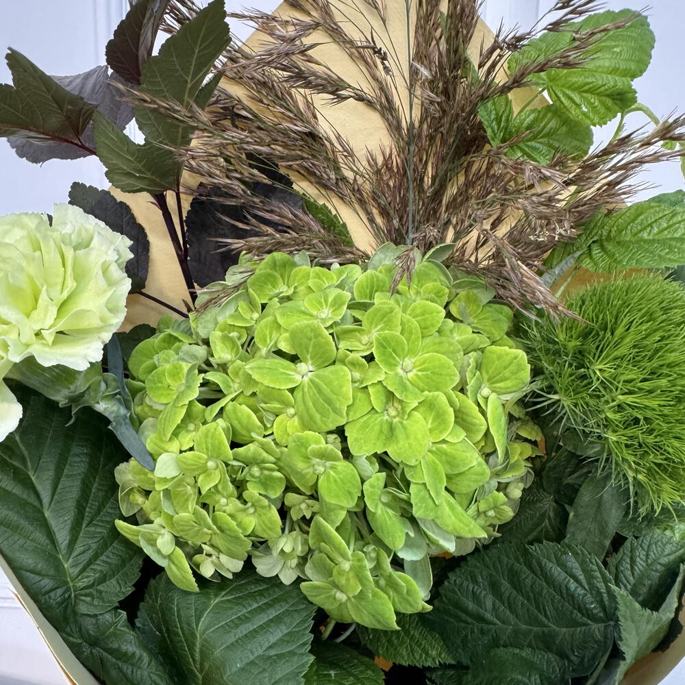Мини-букет в зеленых оттенках с гортензией диантусами и веточками малины