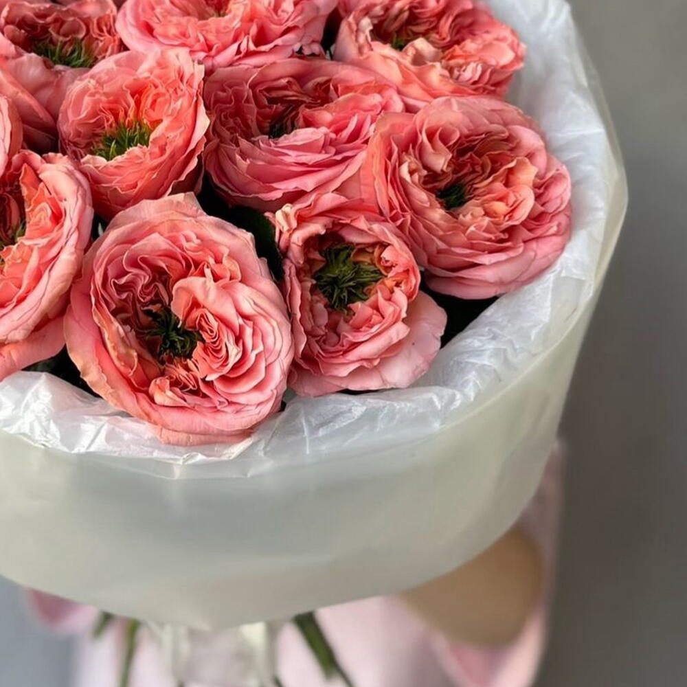 Монобукет   «Апельсиновый ритм 🍊» из пион роз сорта Мандарин в матовой упаковке 💐