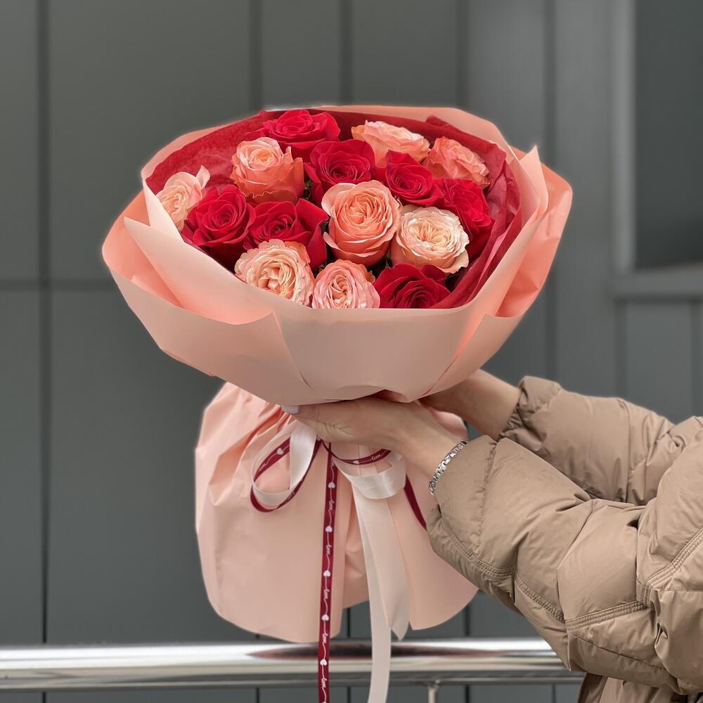 Breath of Flame bouquet of 15 red roses and Kahala roses
