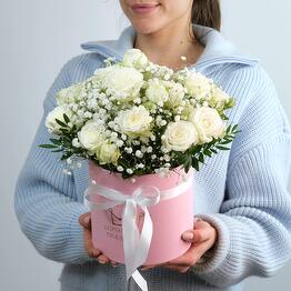 White bush roses and gypsophila in a box "Gentle cloud"
