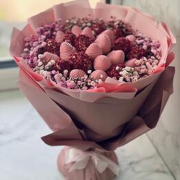 Chocolate-covered strawberry bouquet with gypsophila