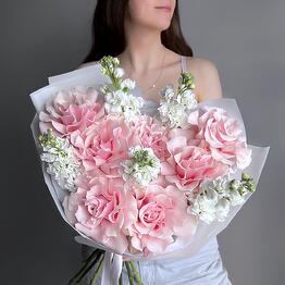 Bouquet of pink French rose and mattiola