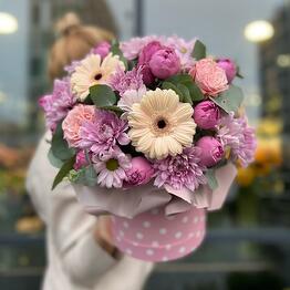 Flowers in a box with Gerbera peony rose and chrysanthemum