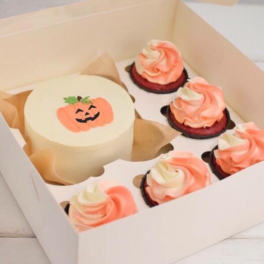 Juego de pastel de Bento con patrón de Halloween y 5 cupcakes