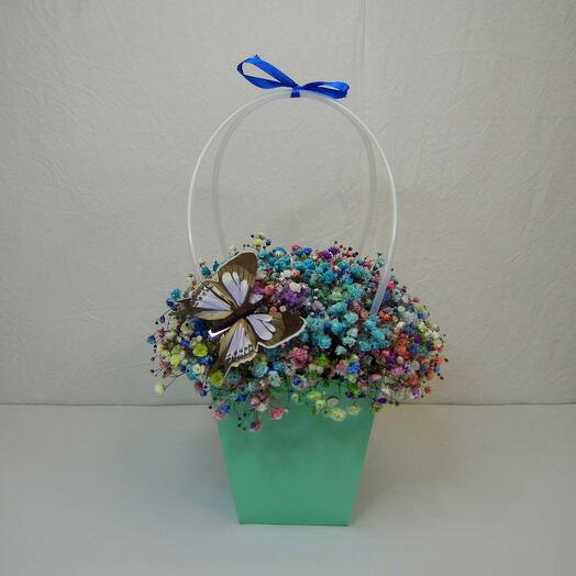 Rainbow gypsophila in a Butterfly handbag
