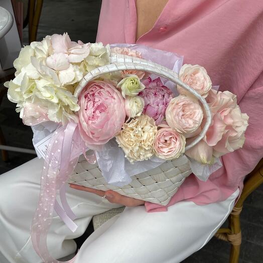 Basket with hydrangea and peonies