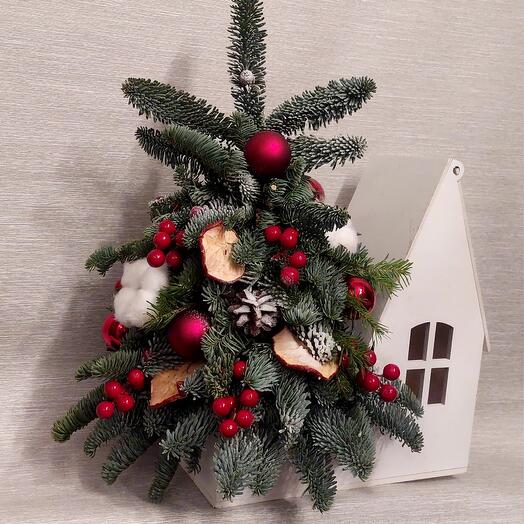 Композиция Ёлочка в кашпо Домик