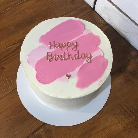 Торт на день рождения розовые мазки «Happy Birthday»