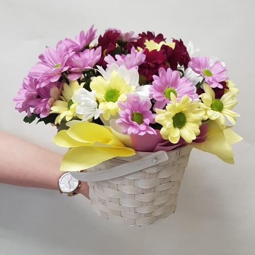 Корзина с разноцветными ромашковыми хризантемами