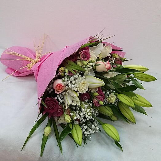 Blooming Elegance Harmony: 3 Pink Lilies, 3 White Roses, 3 Pink Roses  Seasonal Greens