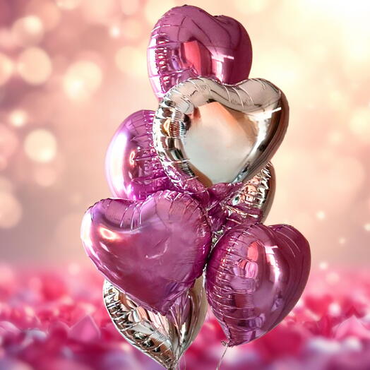 Набор воздушных Шаров сердце (7шт) розовый, серебро. Set of helium balloons heart shape pink, silver (7pcs)