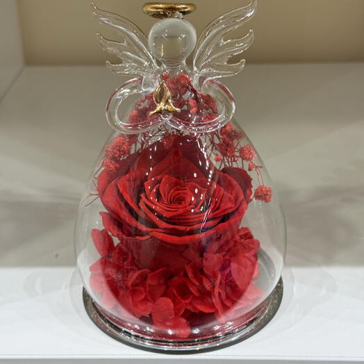 Ange en verre avec rose eternelle rouge