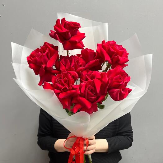 Яркий букет красных французских роз 9 шт 🌹