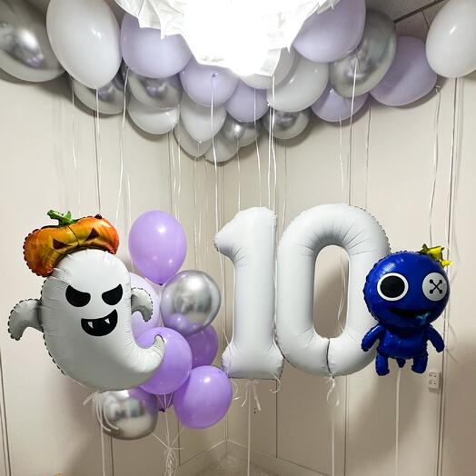 Воздушные шары на 10 лет. Хеллуин, синий монстрик, приведение с тыквой
