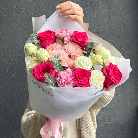 Букет цветов «для тебя» 🌸/ розы Эквадор , кустовые розы , диантусы , хризантемы