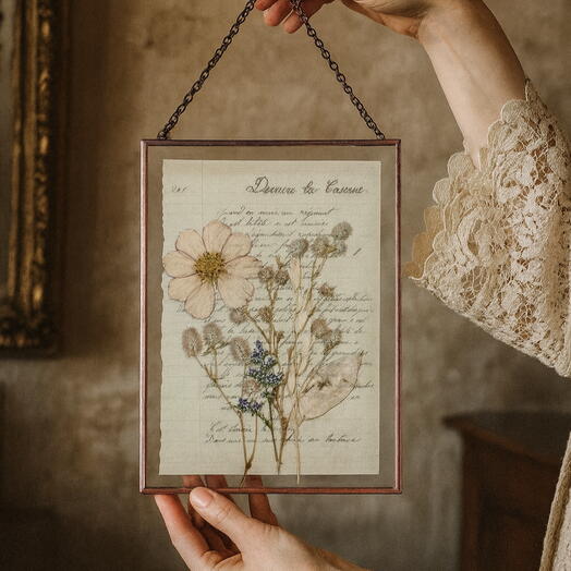 Арт. 473медная Панно винтажное с гербарием и состаренной бумагой