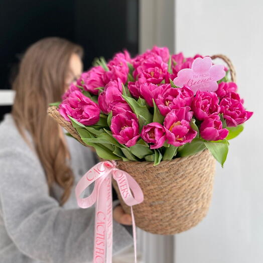 «You are my Spring» 35 peony-shaped tulips in a rattan basket (color can be changed upon agreement)
